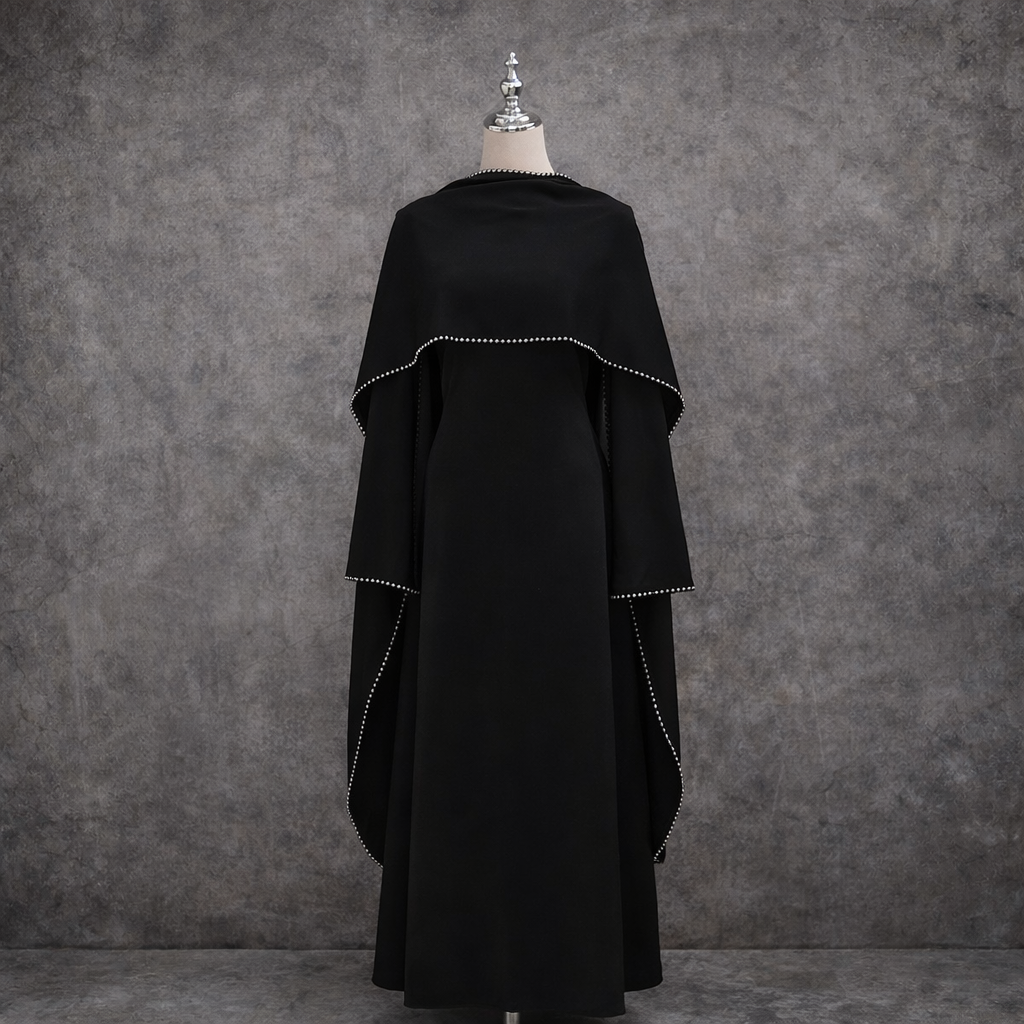 layered cape dress BLACK WITH PEARL DETAIL formal cape dress