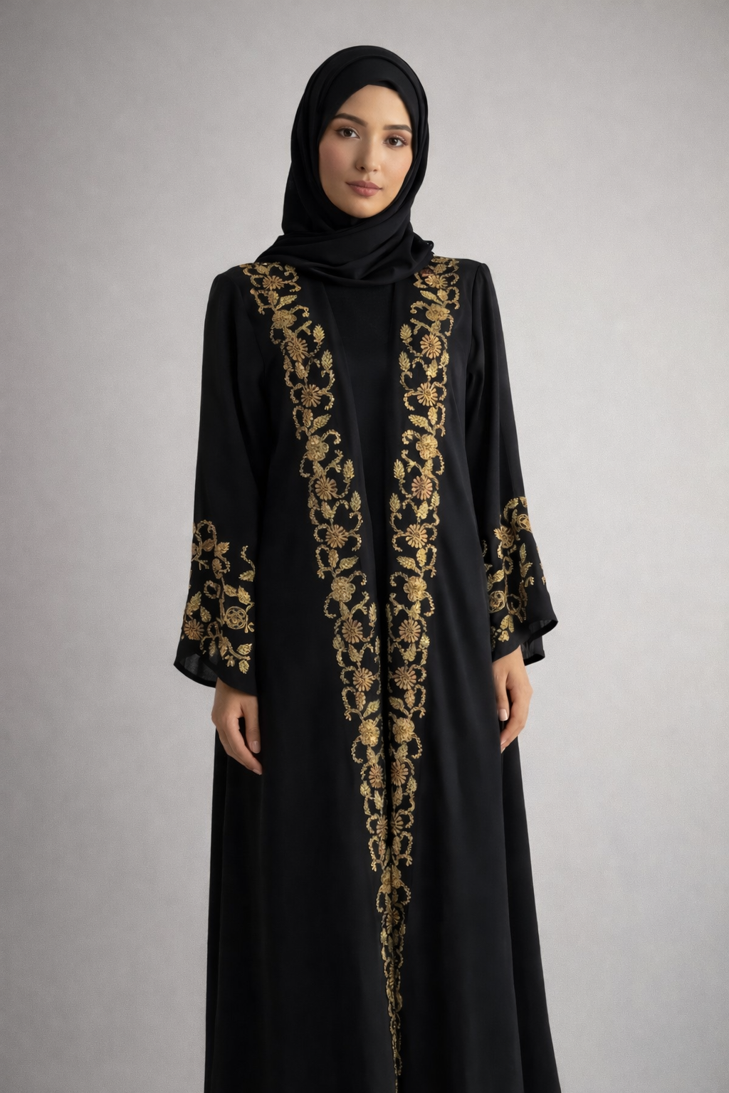 EMBELLISHED BLACK & GOLD OPEN ABAYA - ASIFA