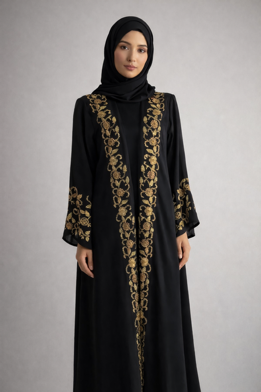 IMMEDIATE DISPATCH: EMBELLISHED BLACK & GOLD OPEN ABAYA - ASIFA