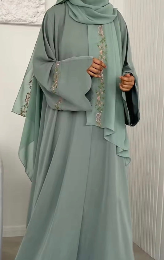 SAGE GREEN ABAYA WITH FLORAL EMBROIDERY - HANA