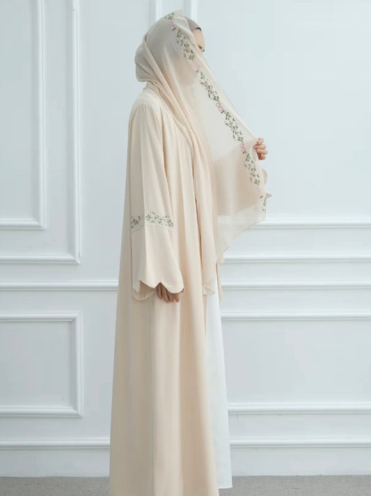SOFT CREAM ABAYA WITH FLORAL EMBROIDERY - HANA
