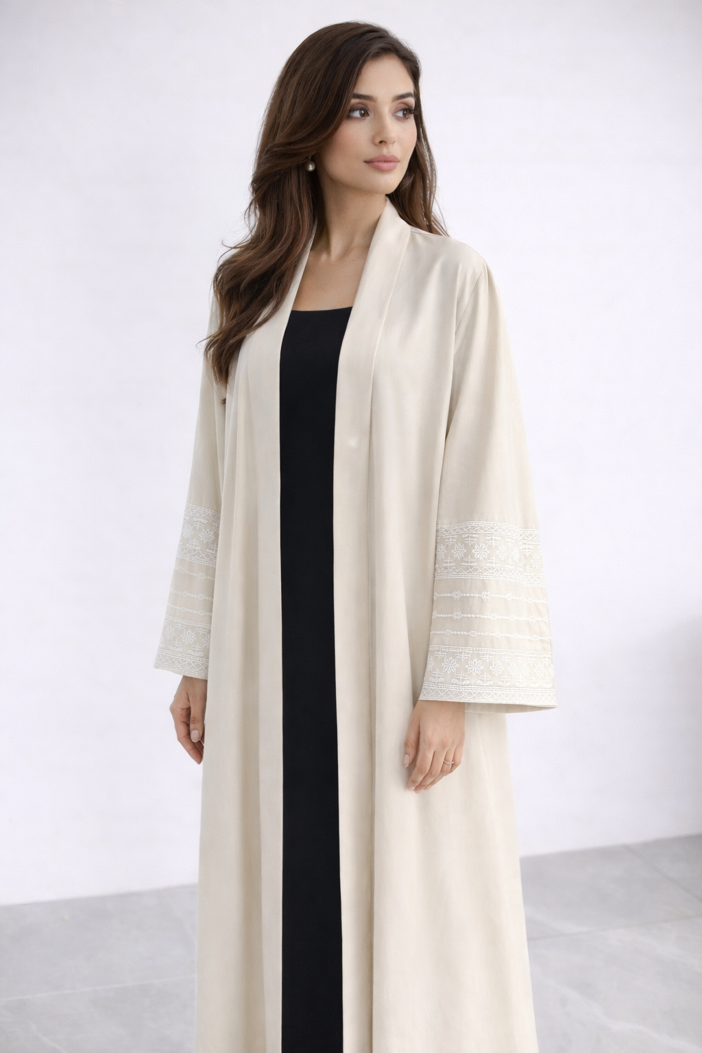LIGHT BEIGE ABAYA WITH WHITE EMBROIDERY - ELIZAH