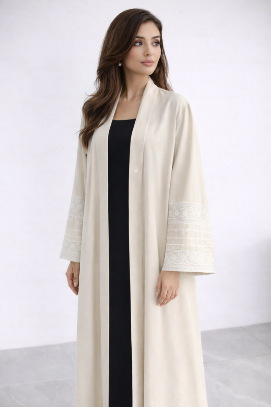 LIGHT BEIGE ABAYA WITH WHITE EMBROIDERY - ELIZAH