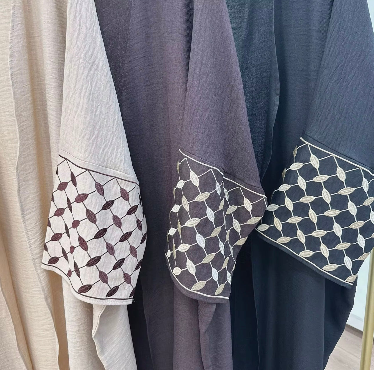 IMMEDIATE DISPATCH: PLUM OPEN ABAYA WITH EMBROIDERED SLEEVES- NOORI