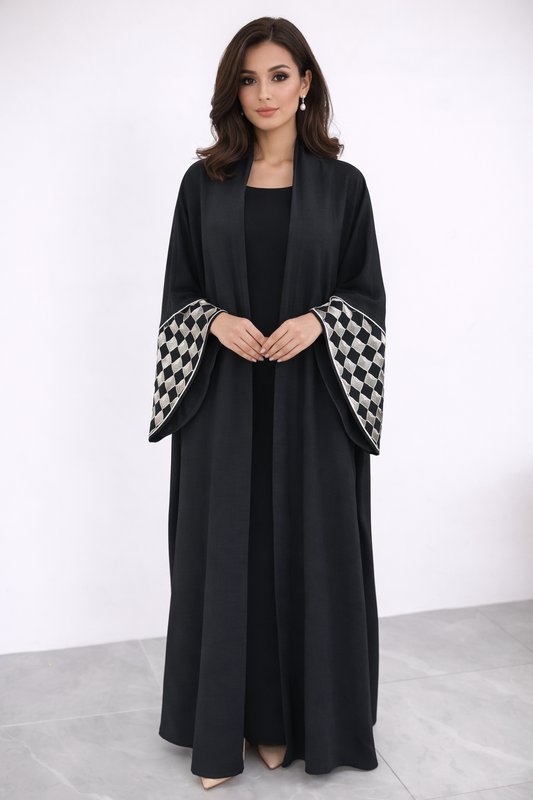 BLACK OPEN ABAYA WITH EMBROIDERED SLEEVES - NOORI