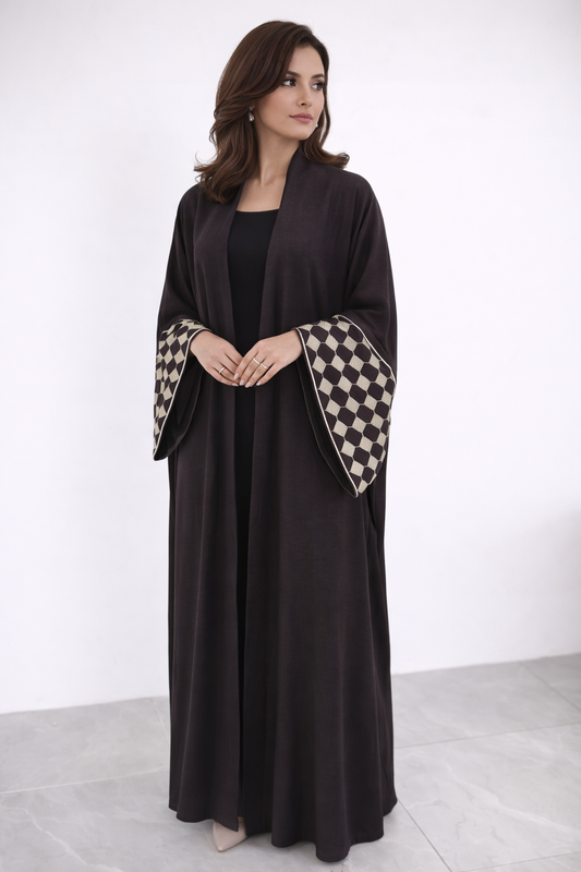 IMMEDIATE DISPATCH: PLUM OPEN ABAYA WITH EMBROIDERED SLEEVES- NOORI