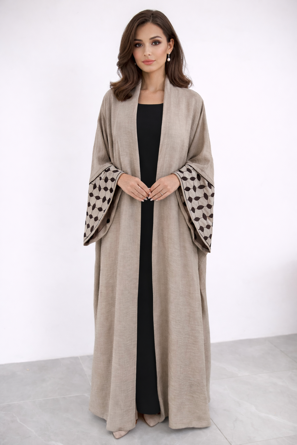 IMMEDIATE DISPATCH: PLUM OPEN ABAYA WITH EMBROIDERED SLEEVES- NOORI