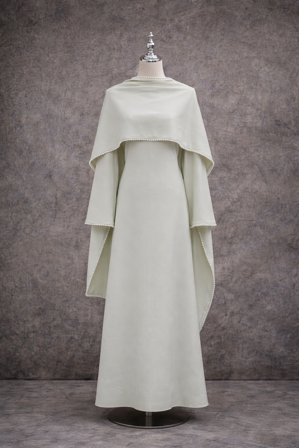 SOFT SAGE LAYERED CAPE DRESS WITH PEARL DETAIL - KHADIJAH