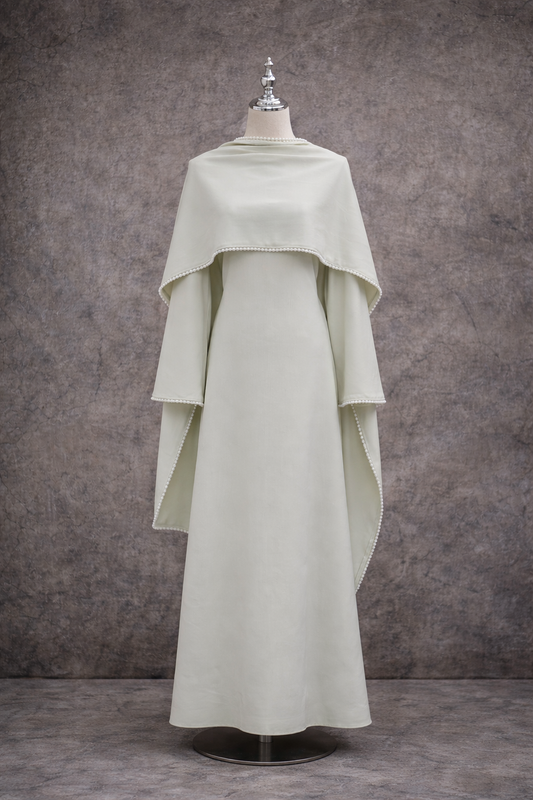 SOFT SAGE LAYERED CAPE DRESS WITH PEARL DETAIL - KHADIJAH