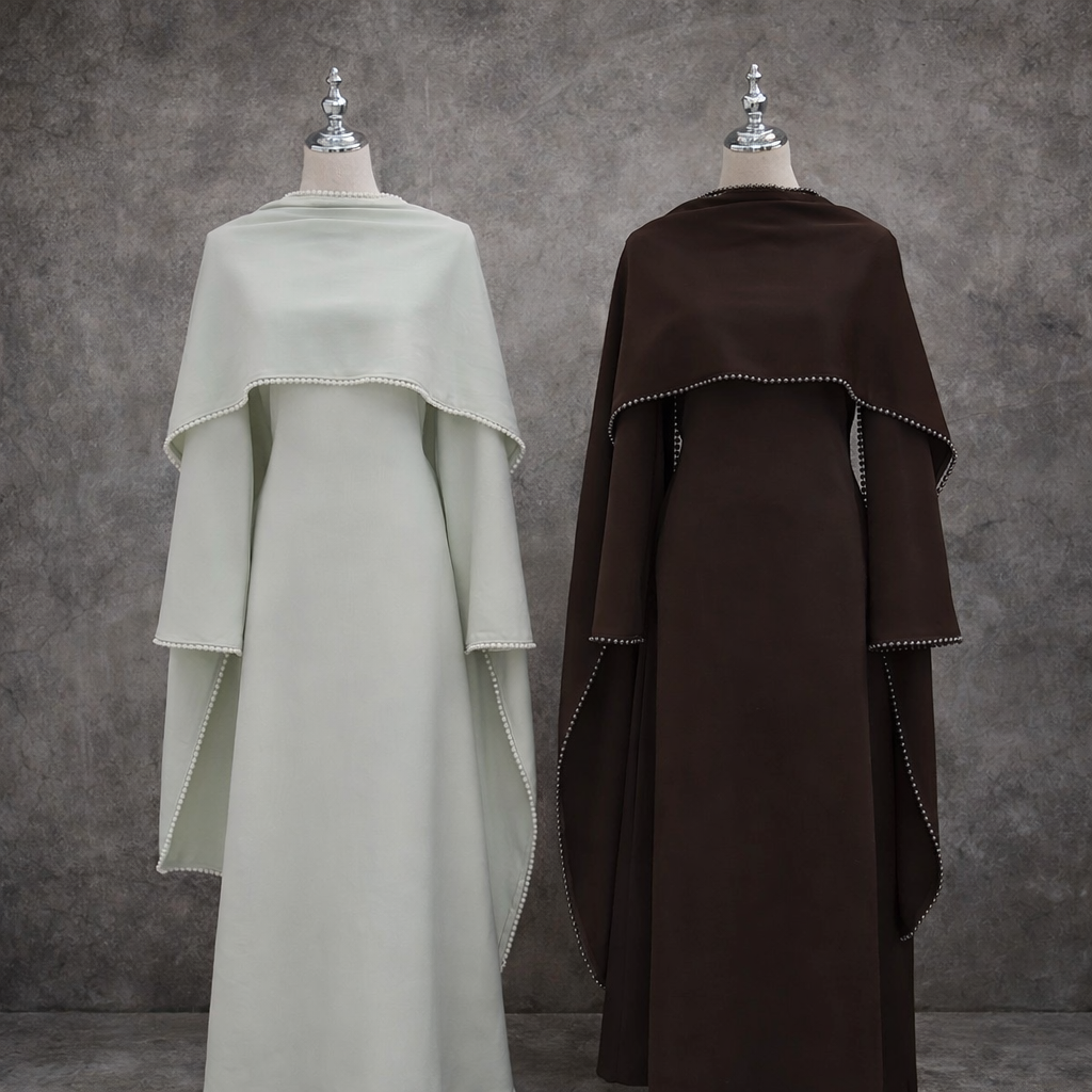 SOFT SAGE LAYERED CAPE DRESS WITH PEARL DETAIL - KHADIJAH